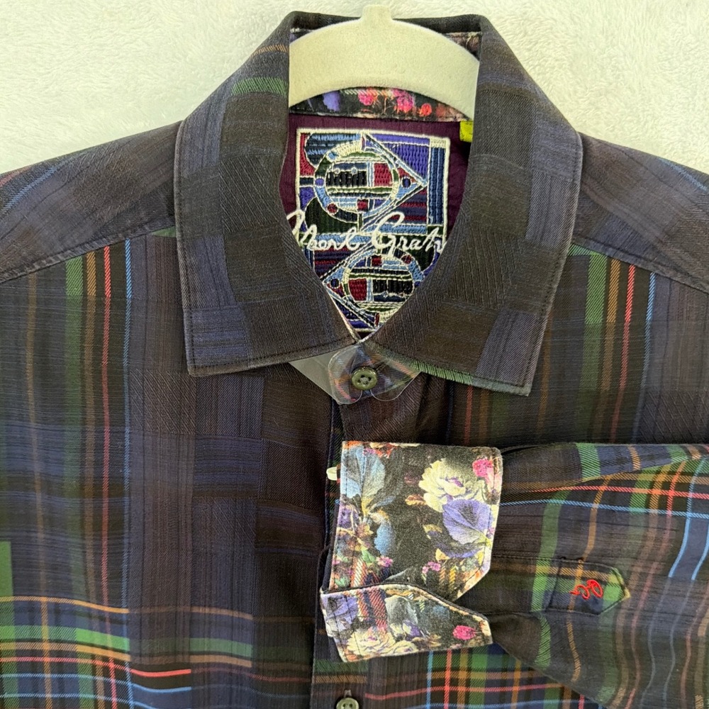 Robert Graham Mens Small Classic Fit Navy Blue Multi Color Plaid Button Down